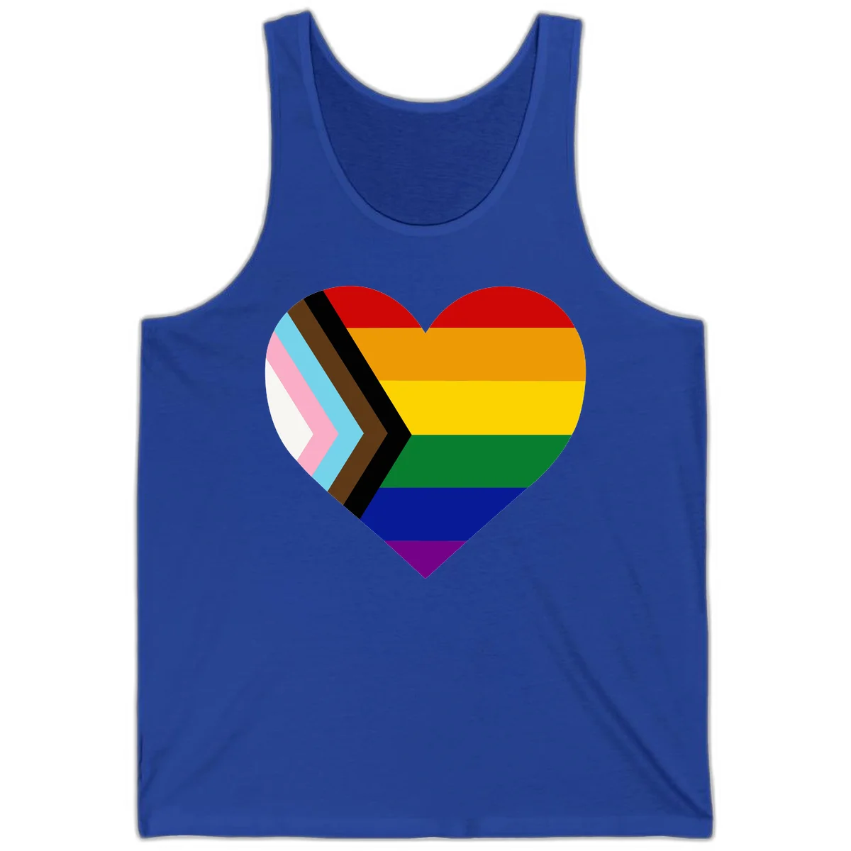 Heart-shaped design combining progress pride flag chevron on left with rainbow pride flag stripes on right side in True Royal