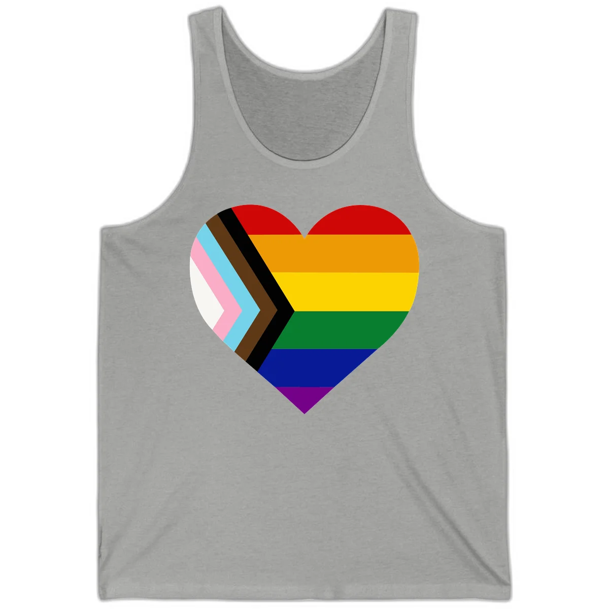Heart-shaped design combining progress pride flag chevron on left with rainbow pride flag stripes on right side in Athletic Heather