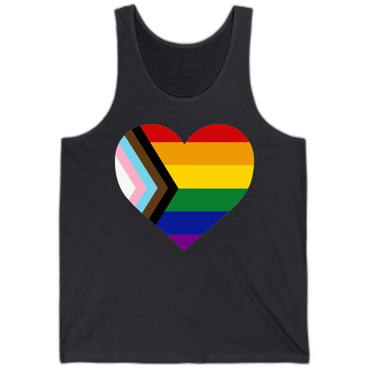 Heart-shaped design combining progress pride flag chevron on left with rainbow pride flag stripes on right side in Dark Grey