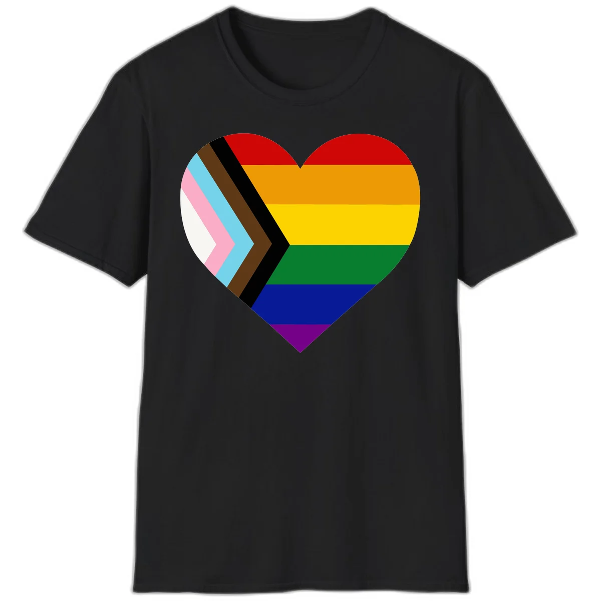 Heart-shaped design combining progress pride flag chevron on left with rainbow pride flag stripes on right side in Black