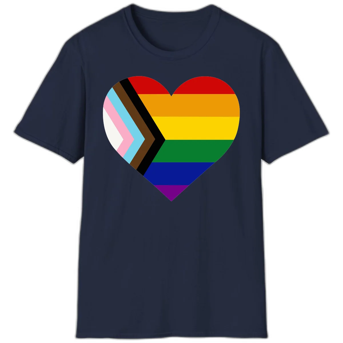 Heart-shaped design combining progress pride flag chevron on left with rainbow pride flag stripes on right side in Navy