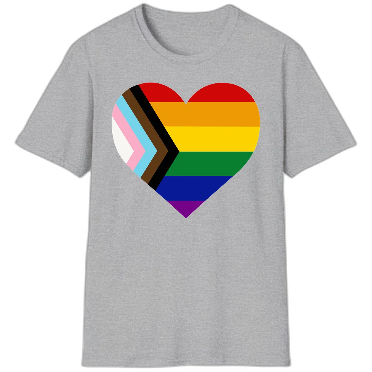 Heart-shaped design combining progress pride flag chevron on left with rainbow pride flag stripes on right side in Sport Grey