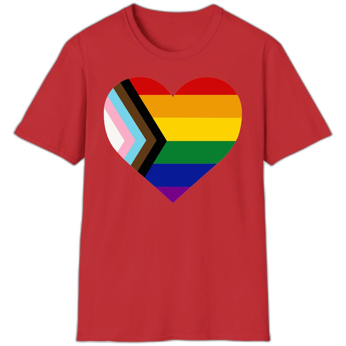 Heart-shaped design combining progress pride flag chevron on left with rainbow pride flag stripes on right side in Red
