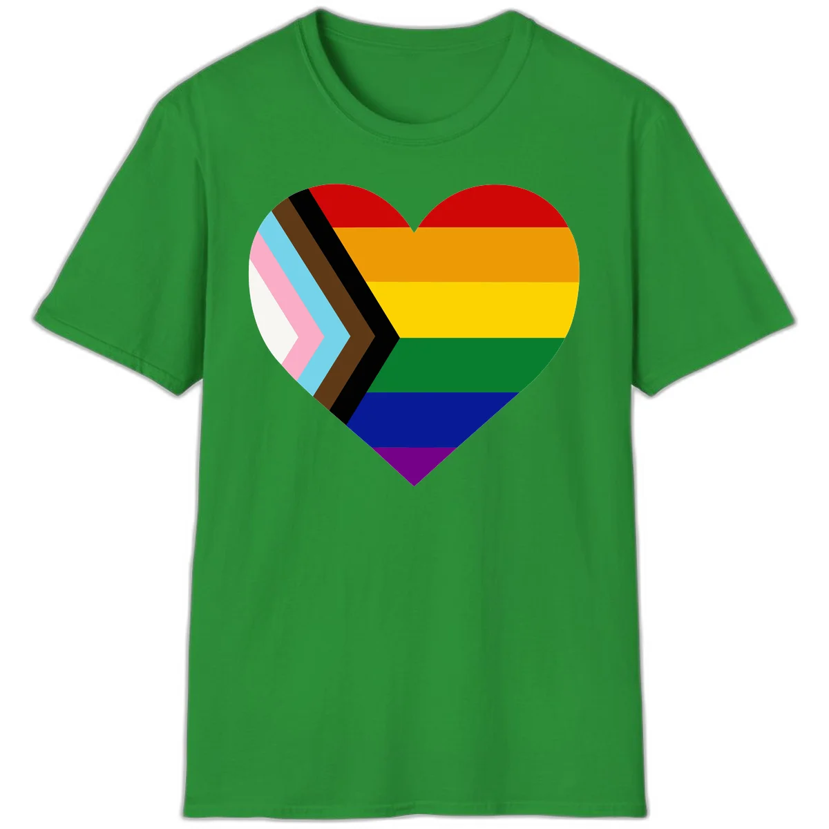 Heart-shaped design combining progress pride flag chevron on left with rainbow pride flag stripes on right side in Irish Green