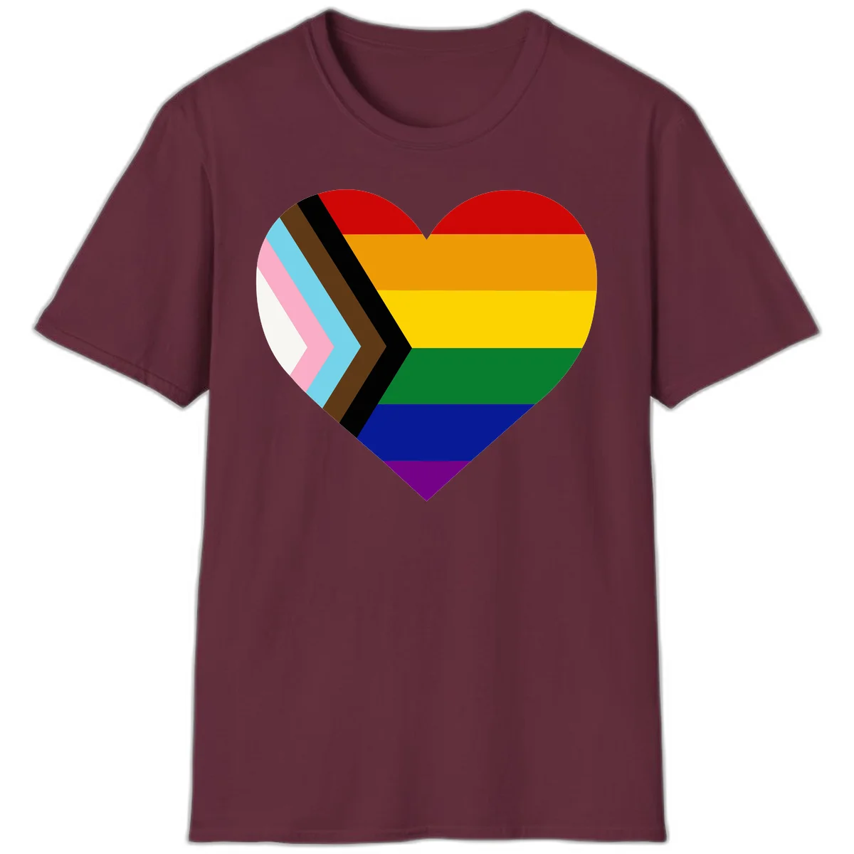 Heart-shaped design combining progress pride flag chevron on left with rainbow pride flag stripes on right side in Maroon
