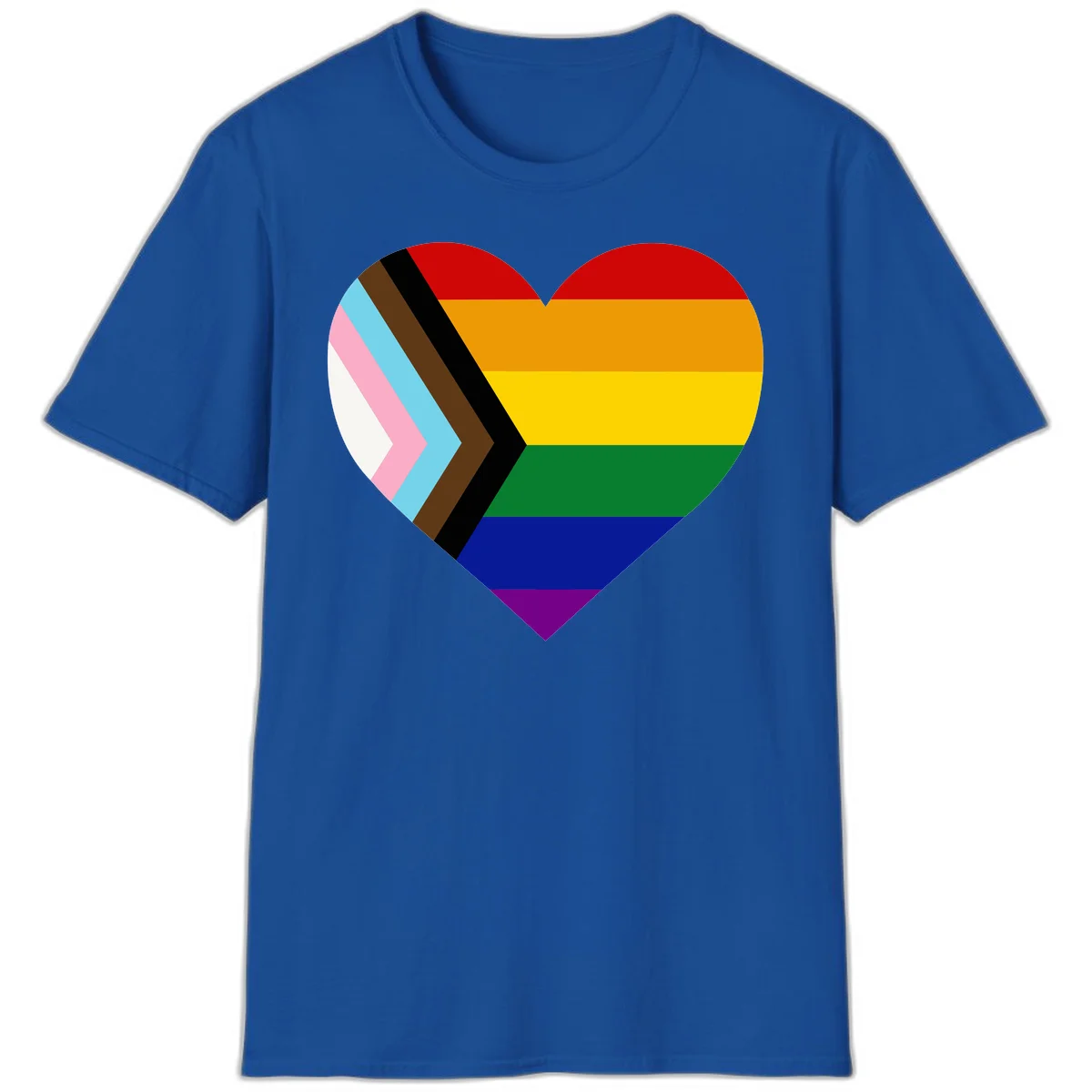 Heart-shaped design combining progress pride flag chevron on left with rainbow pride flag stripes on right side in Royal