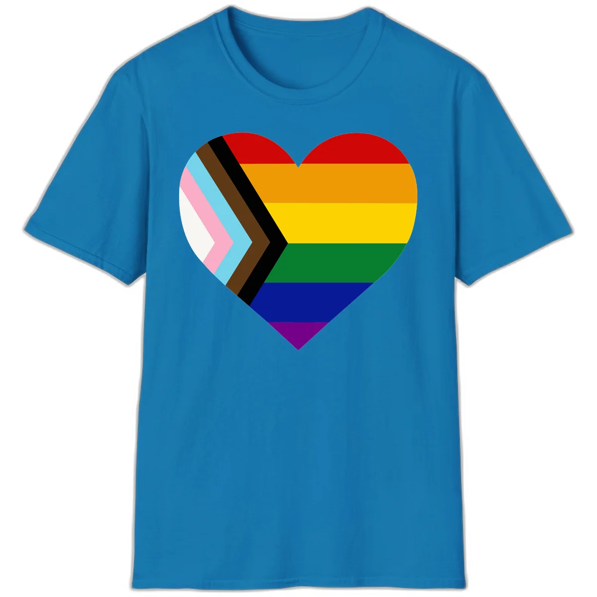 Heart-shaped design combining progress pride flag chevron on left with rainbow pride flag stripes on right side in Sapphire