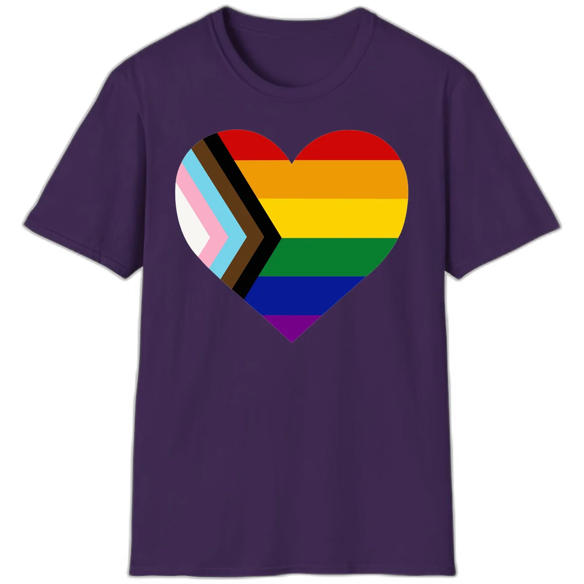 Heart-shaped design combining progress pride flag chevron on left with rainbow pride flag stripes on right side in Purple