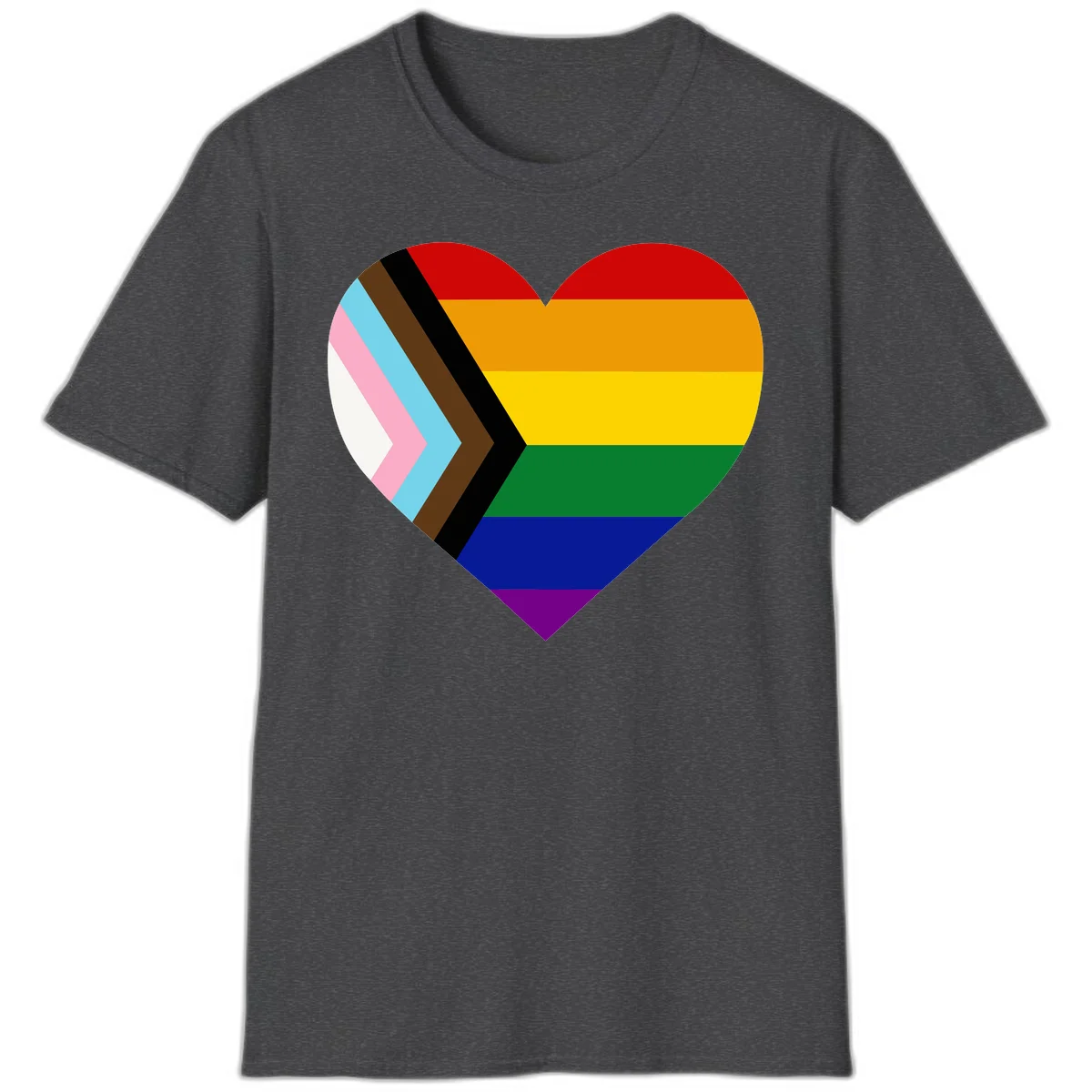 Heart-shaped design combining progress pride flag chevron on left with rainbow pride flag stripes on right side in Dark Heather