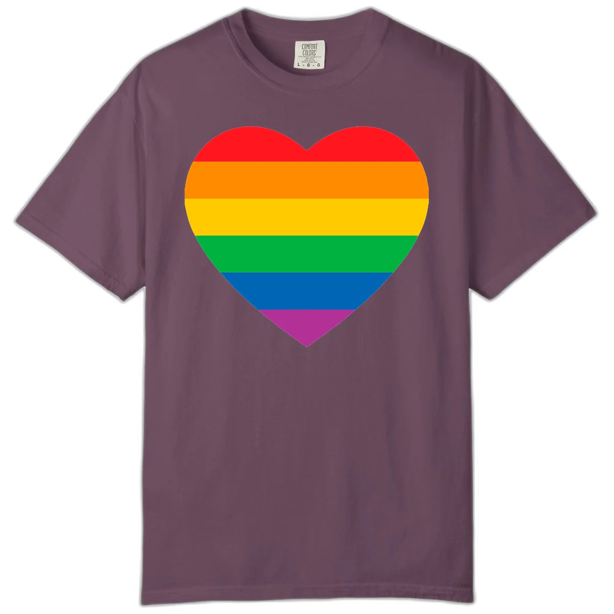 Rainbow heart design with horizontal stripes in pride flag colors: red, orange, yellow, green, blue, and purple. in Berry