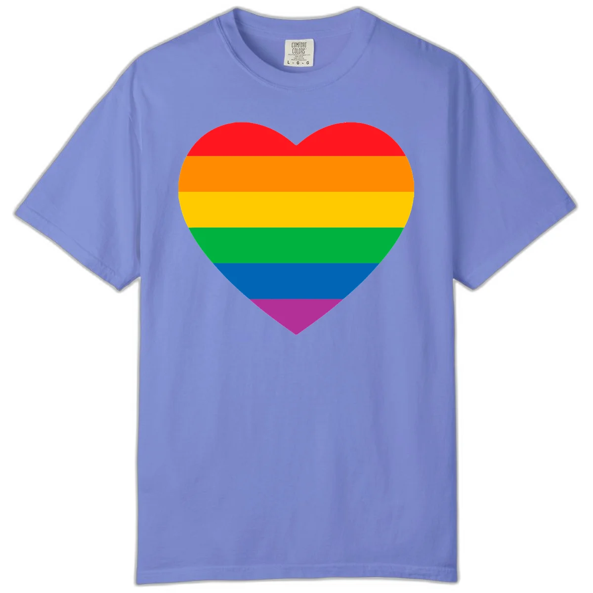 Rainbow heart design with horizontal stripes in pride flag colors: red, orange, yellow, green, blue, and purple. in Flo Blue