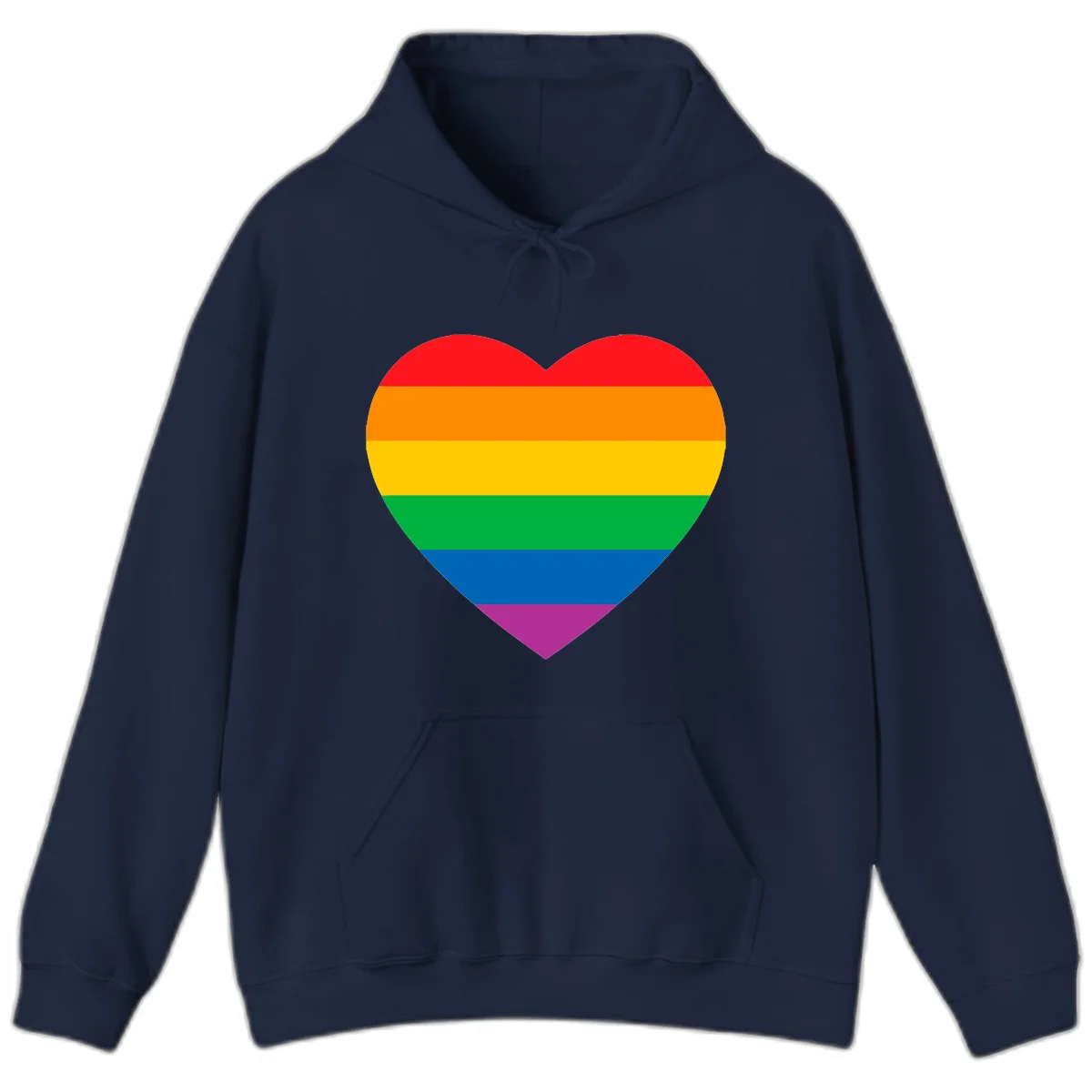 Rainbow heart design with horizontal stripes in pride flag colors: red, orange, yellow, green, blue, and purple. in Navy