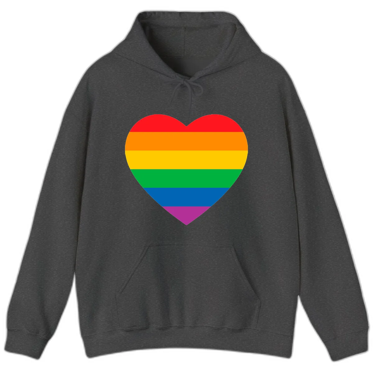Rainbow heart design with horizontal stripes in pride flag colors: red, orange, yellow, green, blue, and purple. in Dark Heather