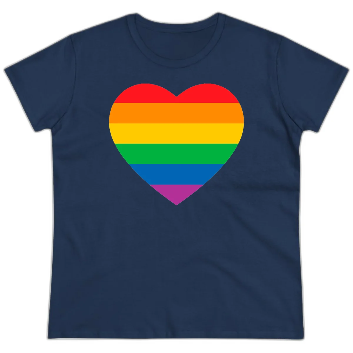 Rainbow heart design with horizontal stripes in pride flag colors: red, orange, yellow, green, blue, and purple. in Navy
