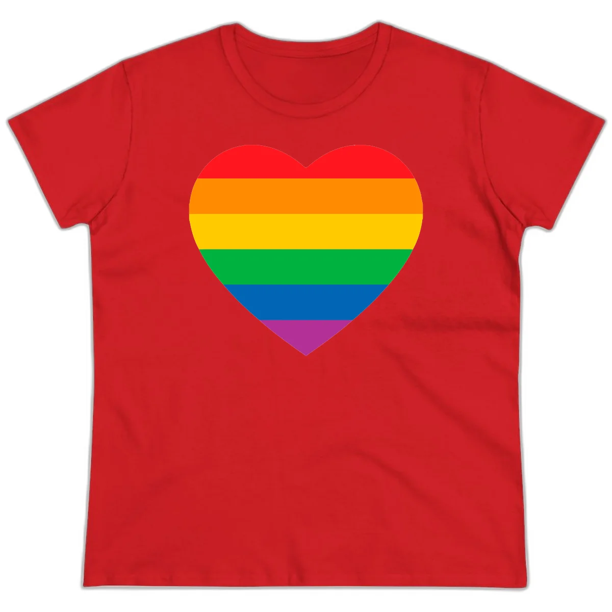Rainbow heart design with horizontal stripes in pride flag colors: red, orange, yellow, green, blue, and purple. in Red