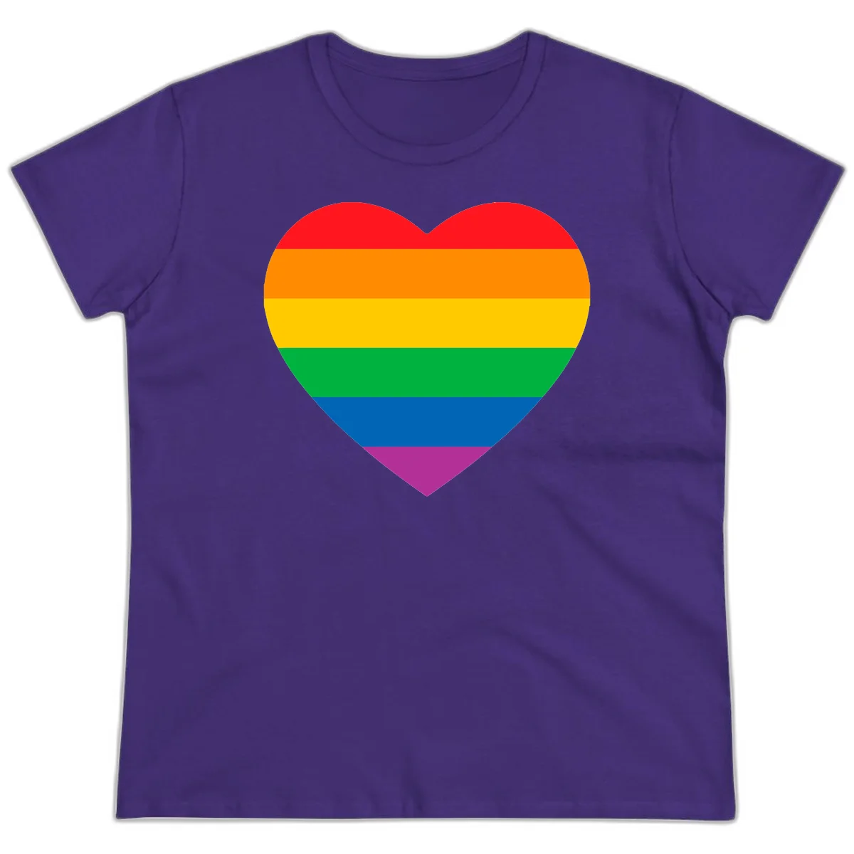 Rainbow heart design with horizontal stripes in pride flag colors: red, orange, yellow, green, blue, and purple. in Purple