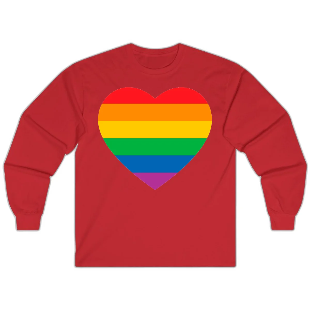 Rainbow heart design with horizontal stripes in pride flag colors: red, orange, yellow, green, blue, and purple. in Red