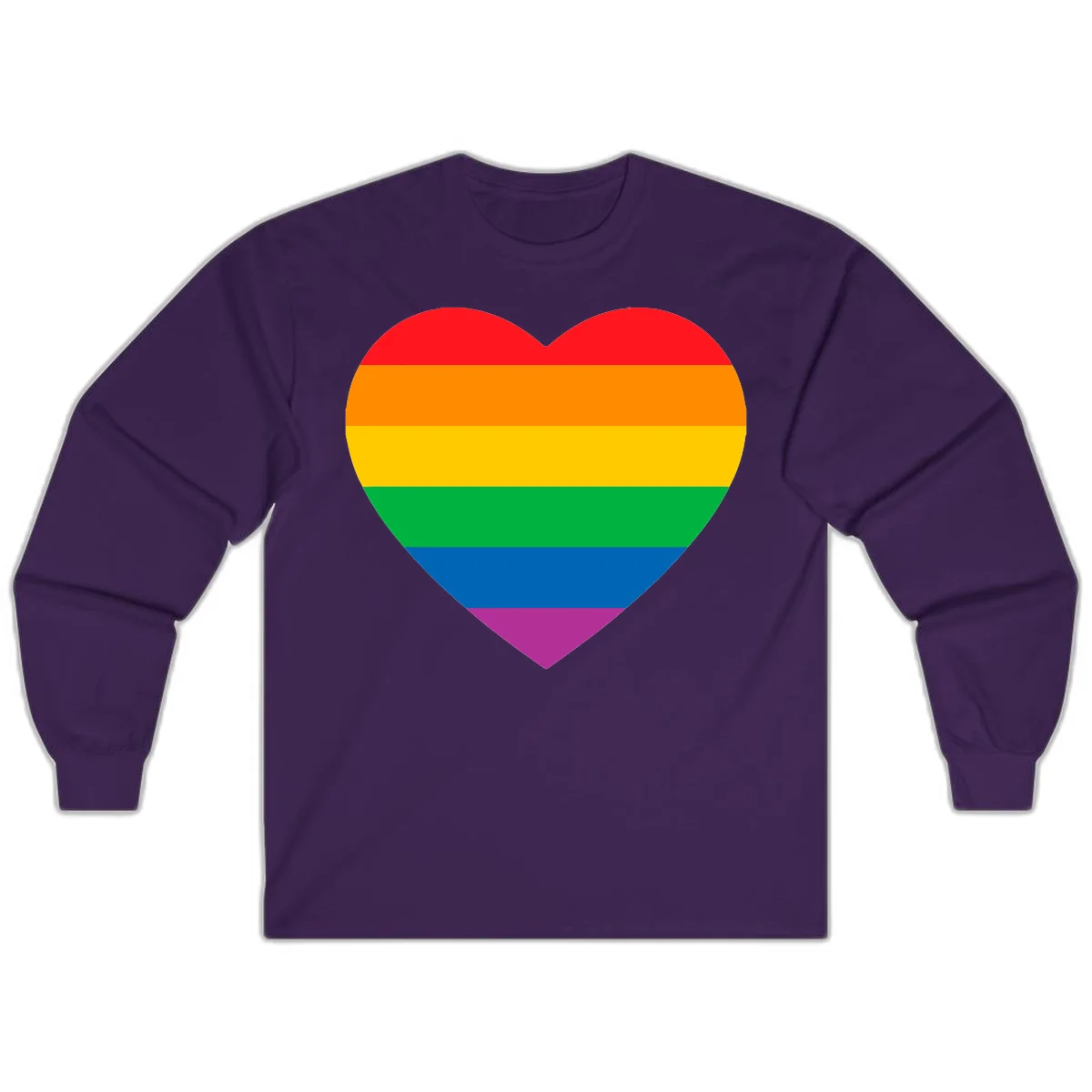 Rainbow heart design with horizontal stripes in pride flag colors: red, orange, yellow, green, blue, and purple. in Purple