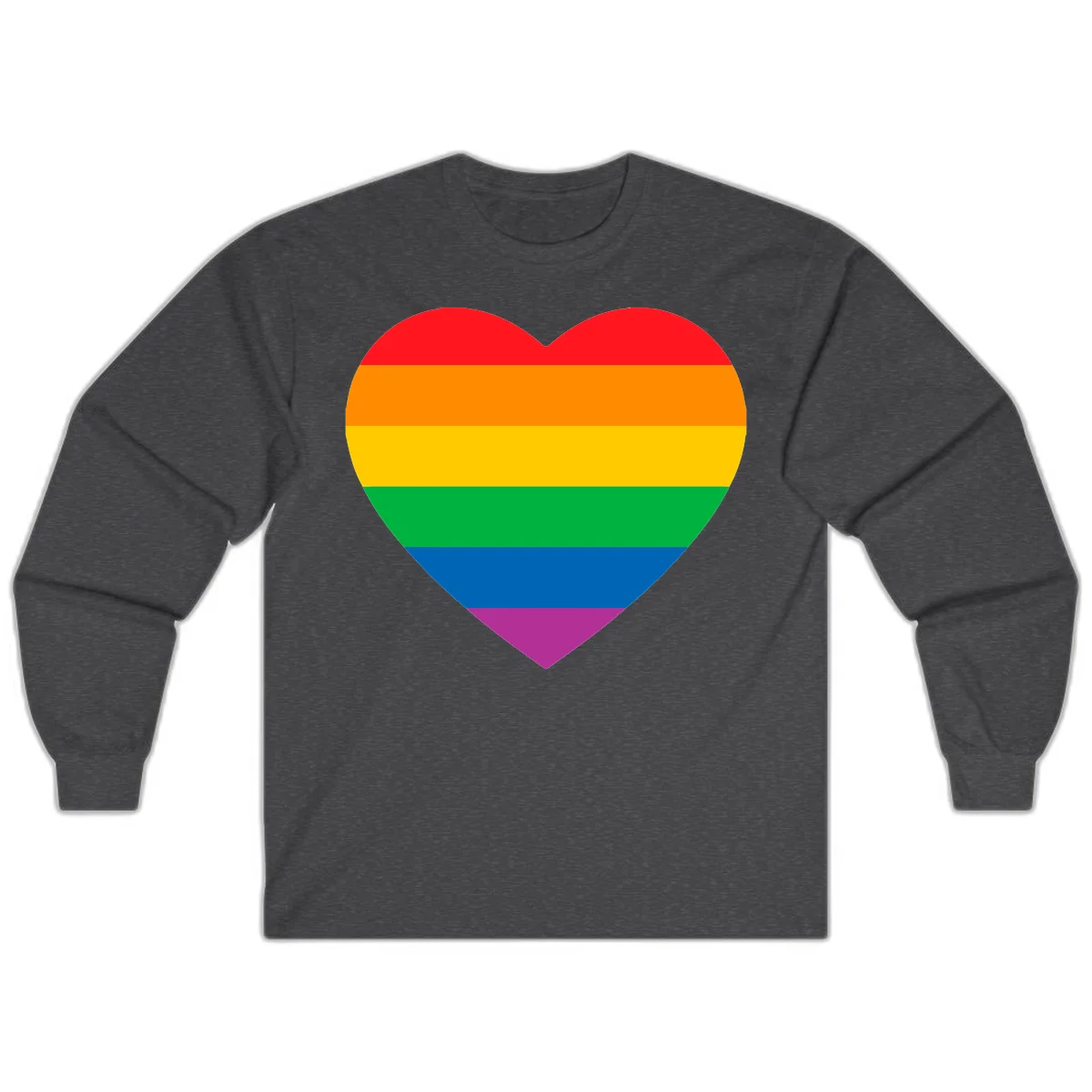 Rainbow heart design with horizontal stripes in pride flag colors: red, orange, yellow, green, blue, and purple. in Dark Heather