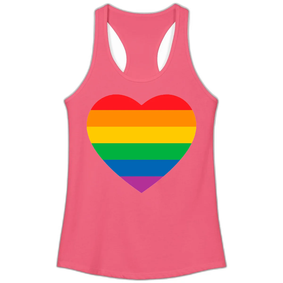 Rainbow heart design with horizontal stripes in pride flag colors: red, orange, yellow, green, blue, and purple. in Hot Pink