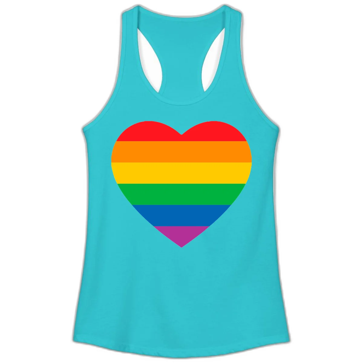 Rainbow heart design with horizontal stripes in pride flag colors: red, orange, yellow, green, blue, and purple. in Solid Tahiti Blue