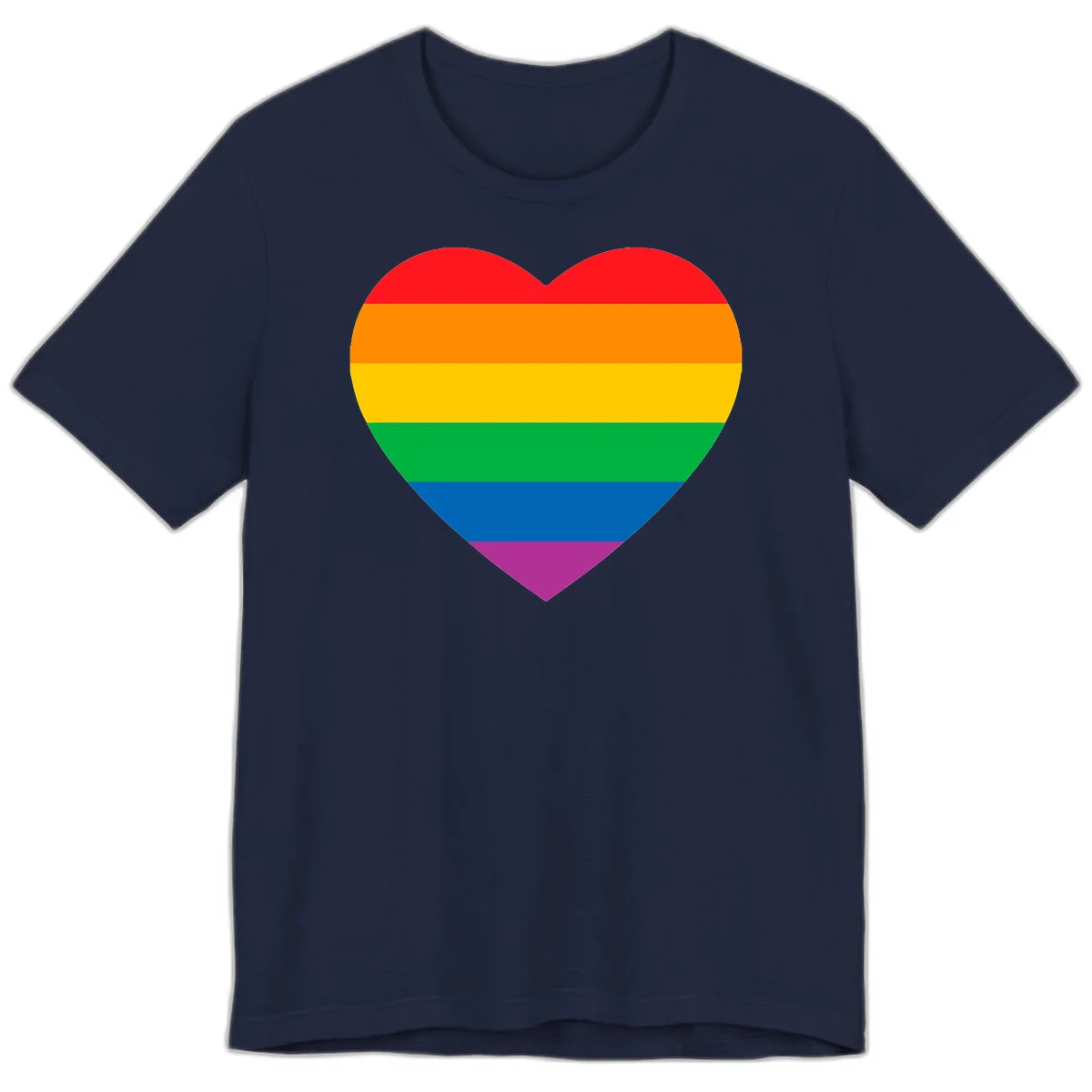 Rainbow heart design with horizontal stripes in pride flag colors: red, orange, yellow, green, blue, and purple. in Navy