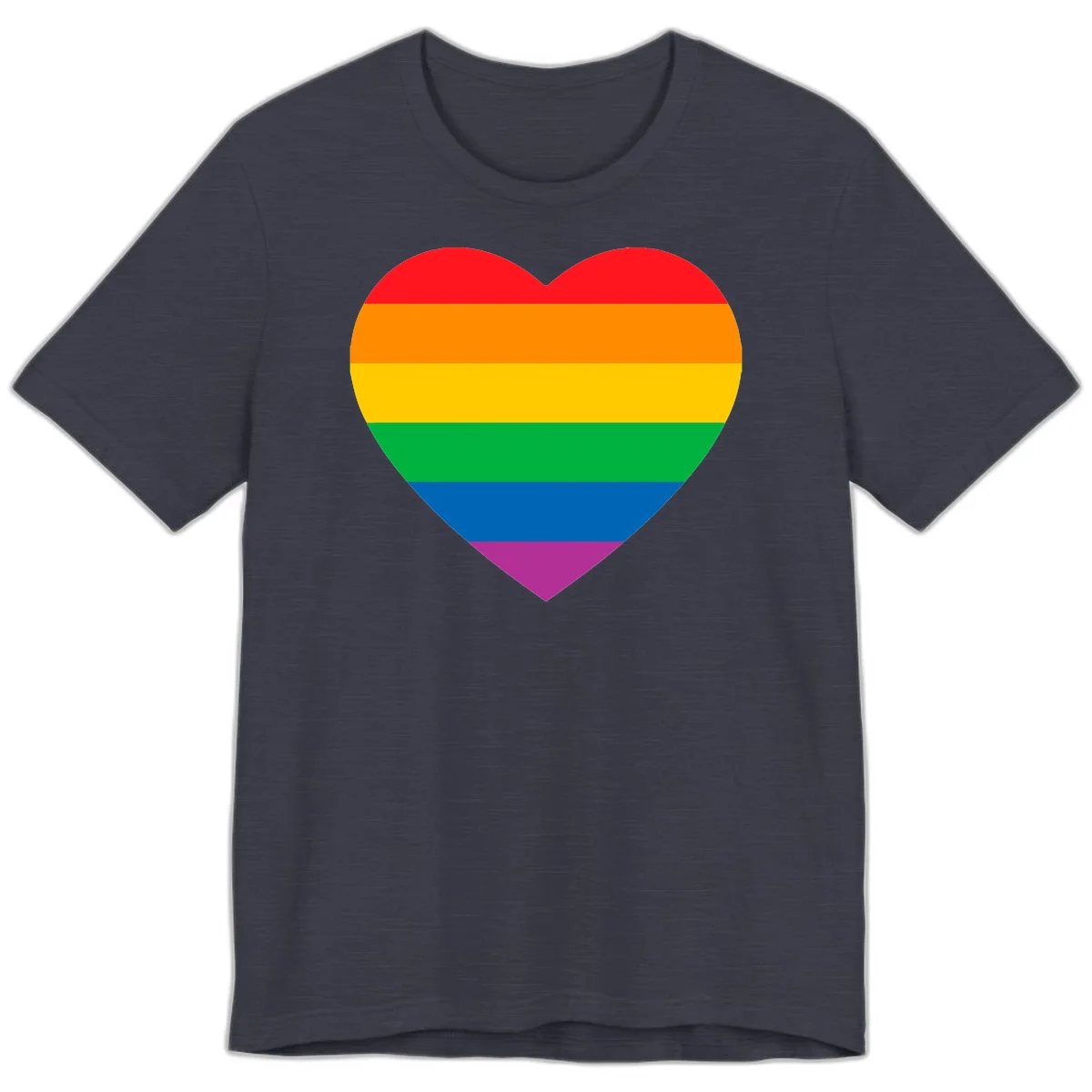 Rainbow heart design with horizontal stripes in pride flag colors: red, orange, yellow, green, blue, and purple. in Heather Midnight Navy