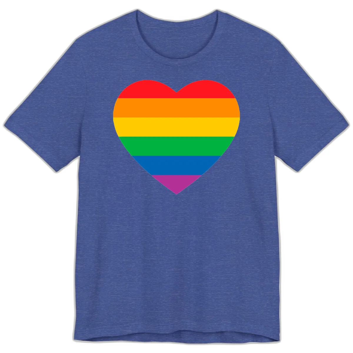 Rainbow heart design with horizontal stripes in pride flag colors: red, orange, yellow, green, blue, and purple. in Heather True Royal