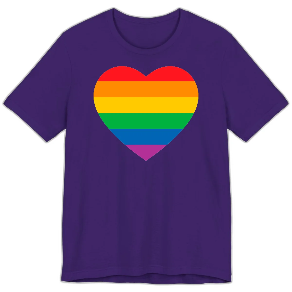 Rainbow heart design with horizontal stripes in pride flag colors: red, orange, yellow, green, blue, and purple. in Team Purple
