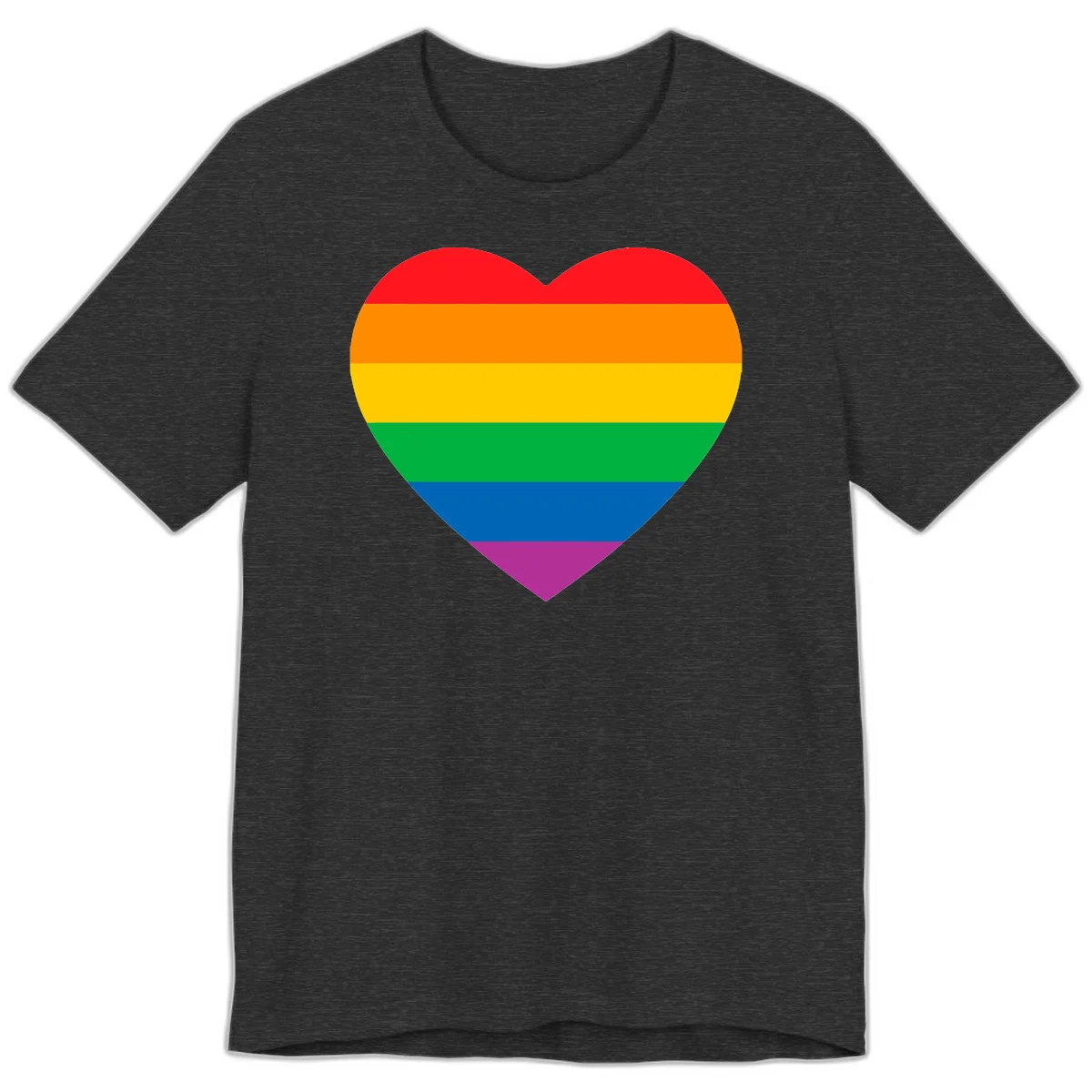 Rainbow heart design with horizontal stripes in pride flag colors: red, orange, yellow, green, blue, and purple. in Dark Grey Heather