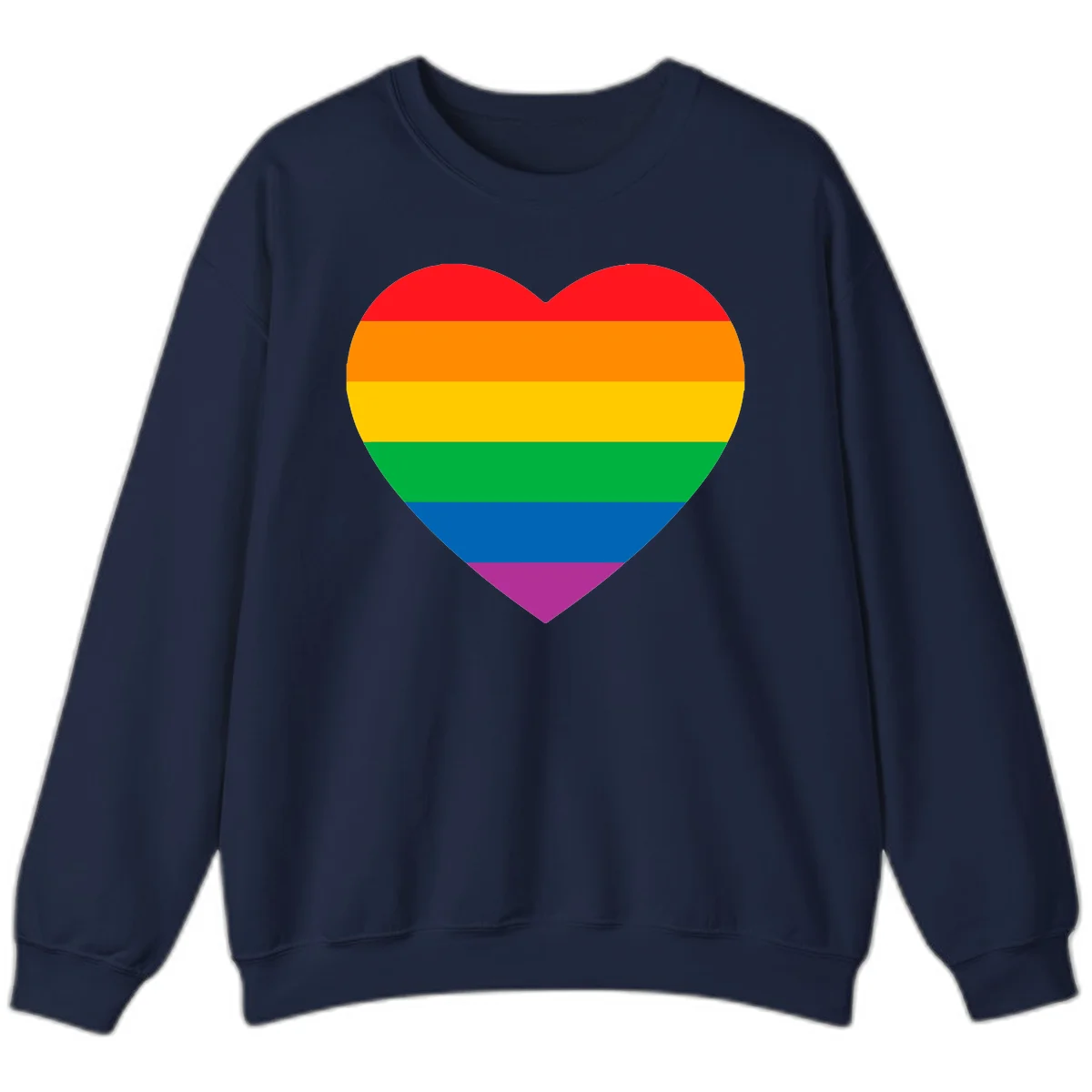 Rainbow heart design with horizontal stripes in pride flag colors: red, orange, yellow, green, blue, and purple. in Navy