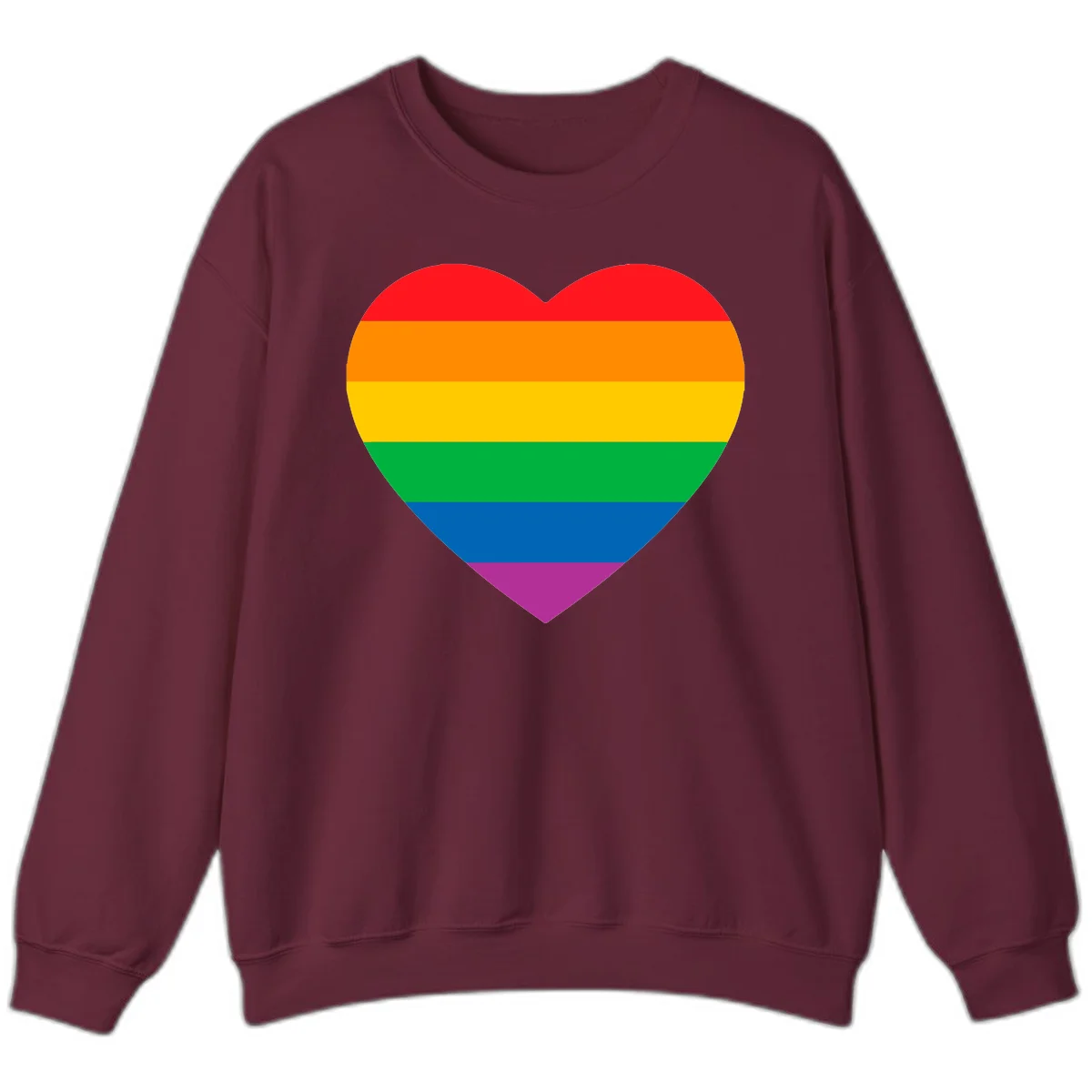 Rainbow heart design with horizontal stripes in pride flag colors: red, orange, yellow, green, blue, and purple. in Maroon