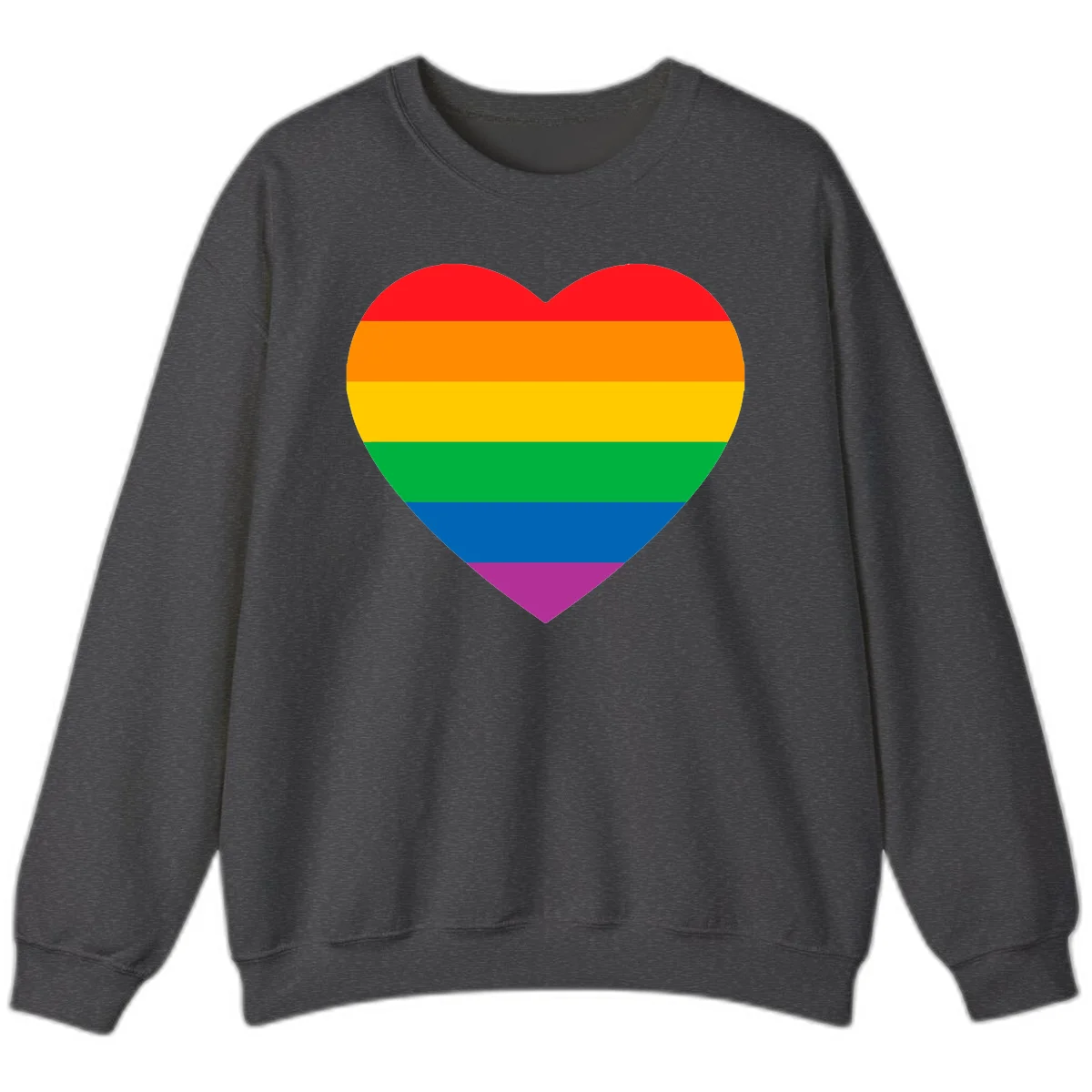 Rainbow heart design with horizontal stripes in pride flag colors: red, orange, yellow, green, blue, and purple. in Dark Heather