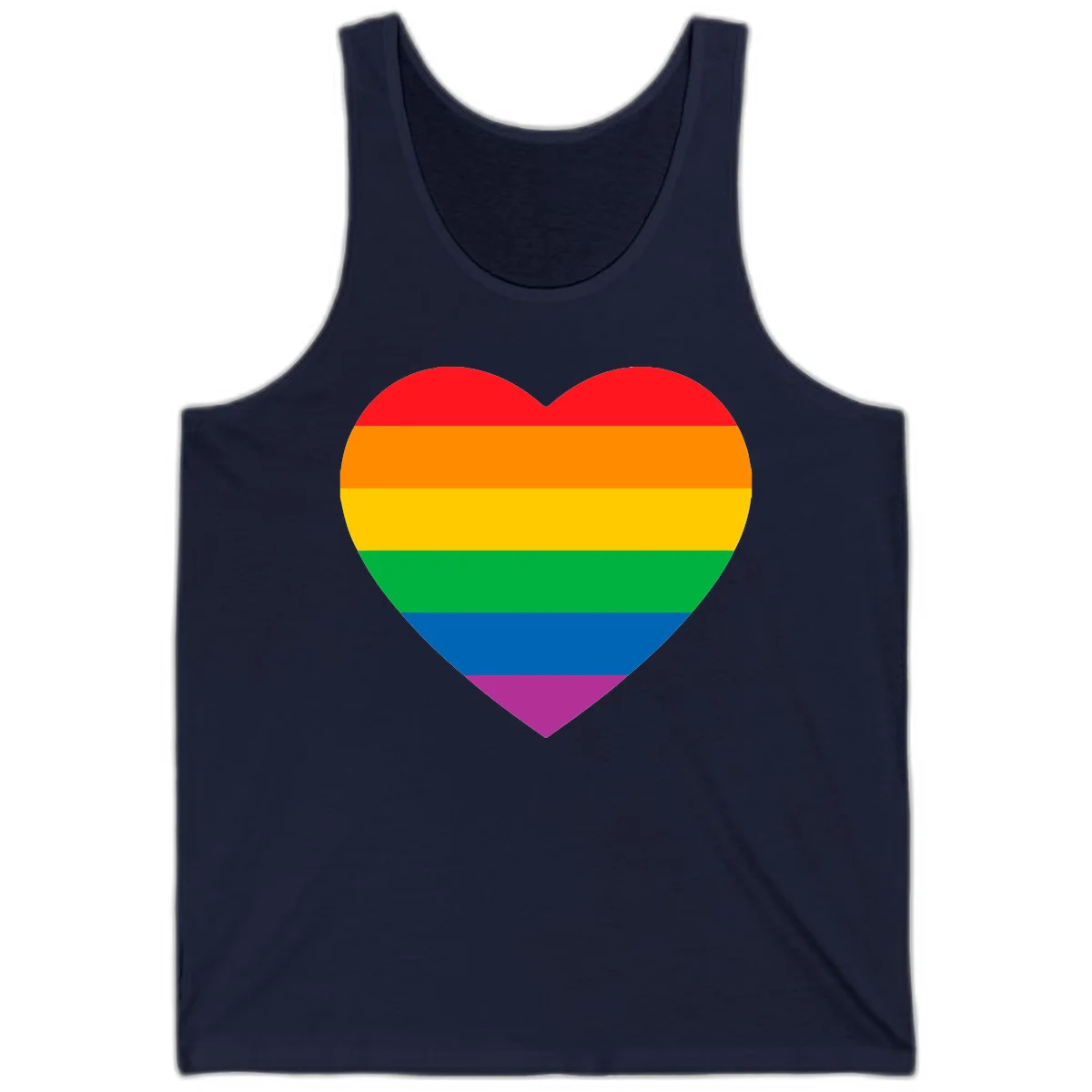 Rainbow heart design with horizontal stripes in pride flag colors: red, orange, yellow, green, blue, and purple. in Navy