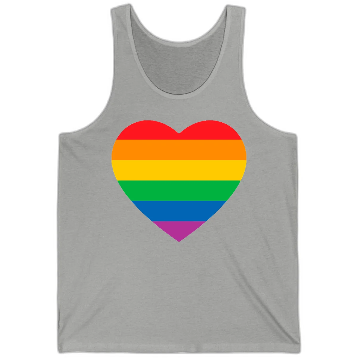 Rainbow heart design with horizontal stripes in pride flag colors: red, orange, yellow, green, blue, and purple. in Athletic Heather