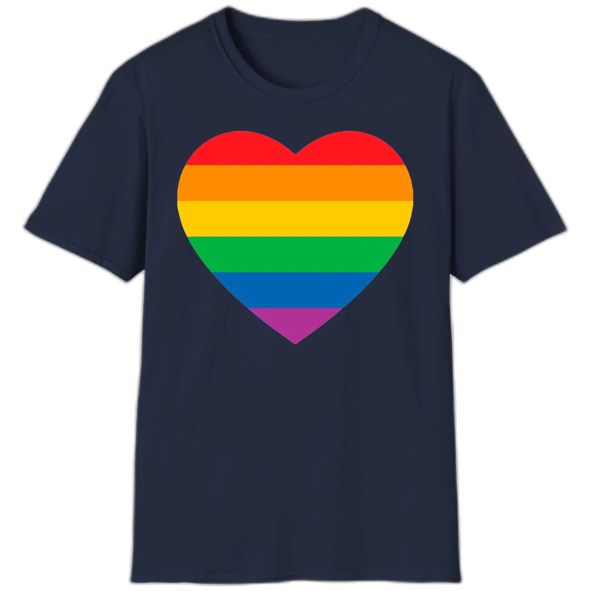 Rainbow heart design with horizontal stripes in pride flag colors: red, orange, yellow, green, blue, and purple. in Navy