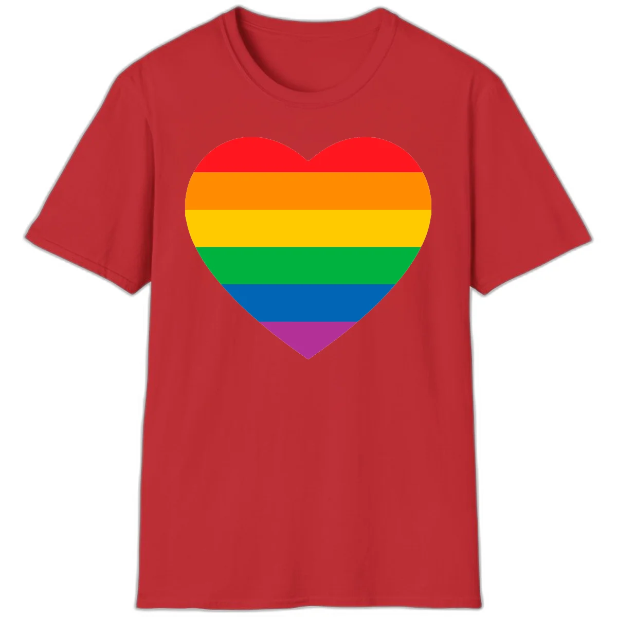 Rainbow heart design with horizontal stripes in pride flag colors: red, orange, yellow, green, blue, and purple. in Red