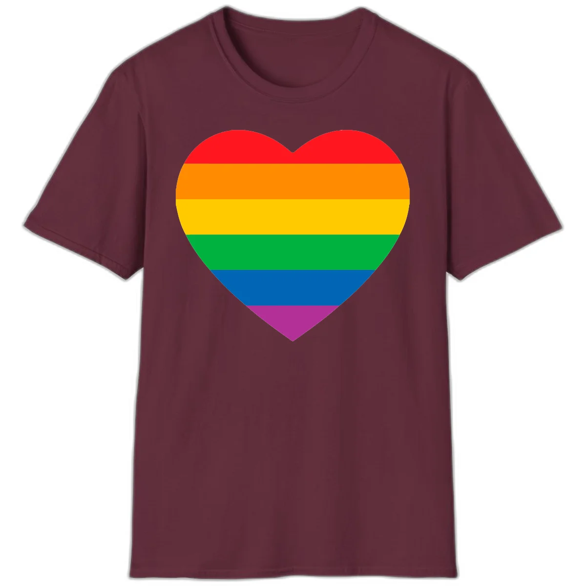 Rainbow heart design with horizontal stripes in pride flag colors: red, orange, yellow, green, blue, and purple. in Maroon