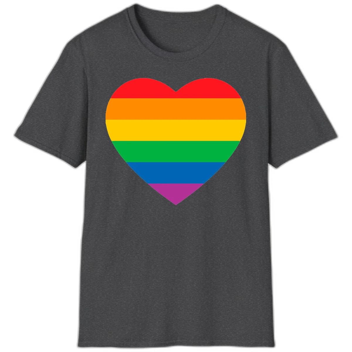 Rainbow heart design with horizontal stripes in pride flag colors: red, orange, yellow, green, blue, and purple. in Dark Heather
