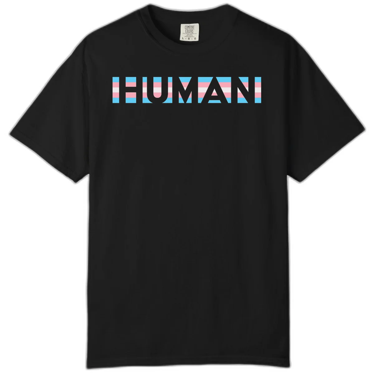 Large white letters spelling 'HUMAN' filled with horizontal blue, pink, and white stripes on gray background in Black
