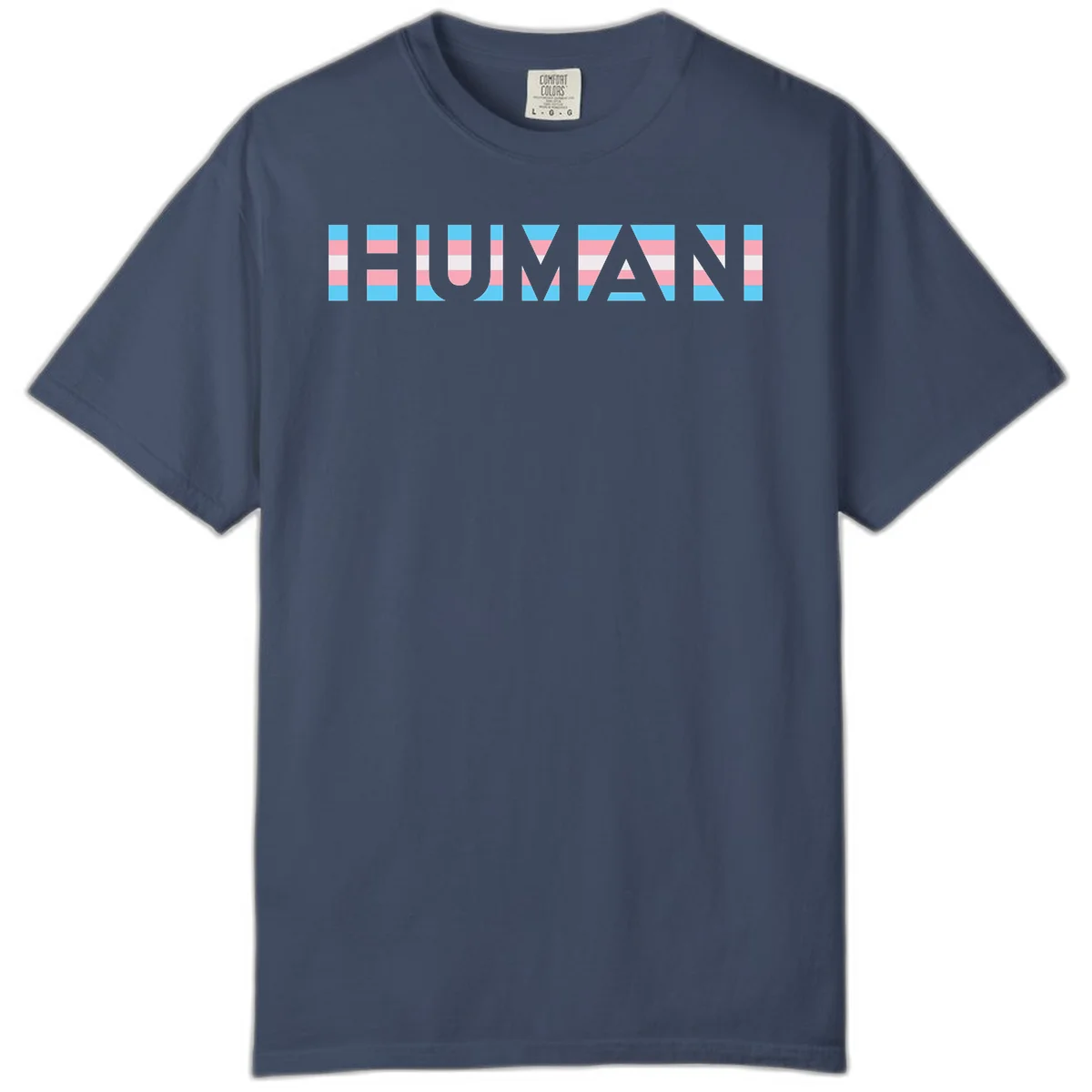 Large white letters spelling 'HUMAN' filled with horizontal blue, pink, and white stripes on gray background in Midnight