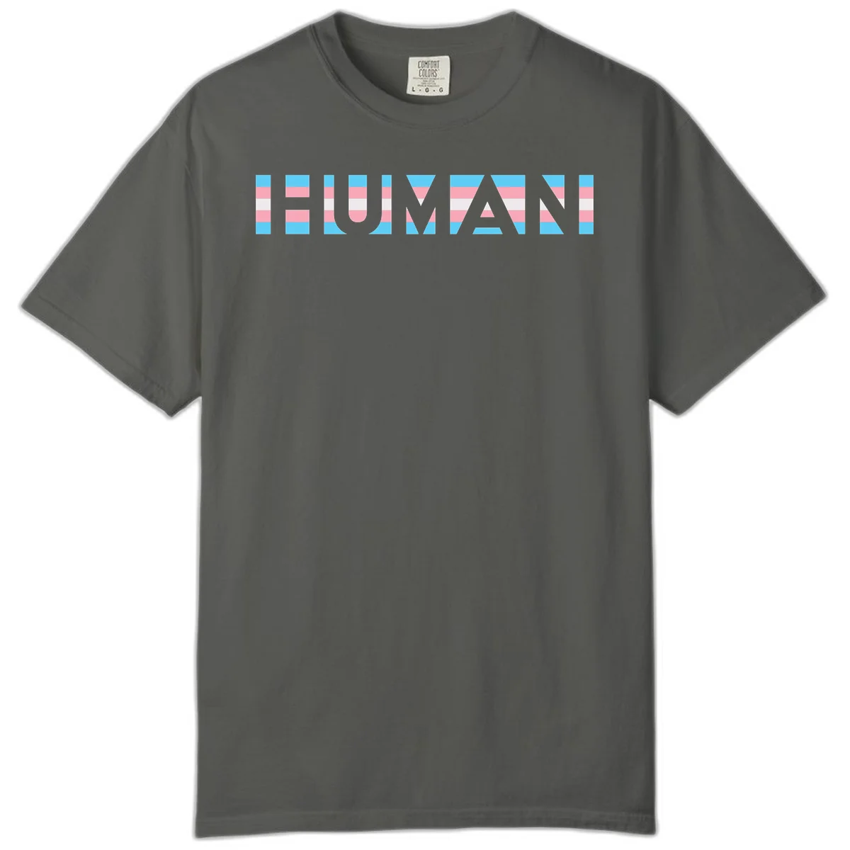 Large white letters spelling 'HUMAN' filled with horizontal blue, pink, and white stripes on gray background in Pepper