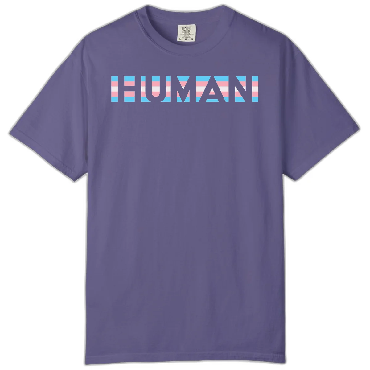 Large white letters spelling 'HUMAN' filled with horizontal blue, pink, and white stripes on gray background in Grape