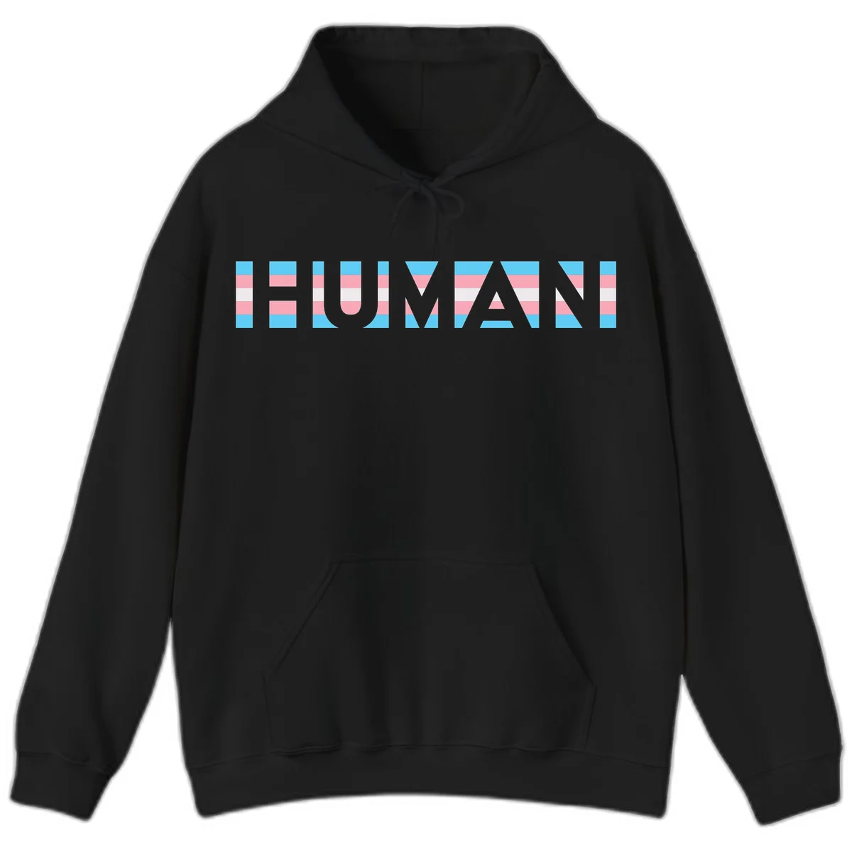 Large white letters spelling 'HUMAN' filled with horizontal blue, pink, and white stripes on gray background in Black