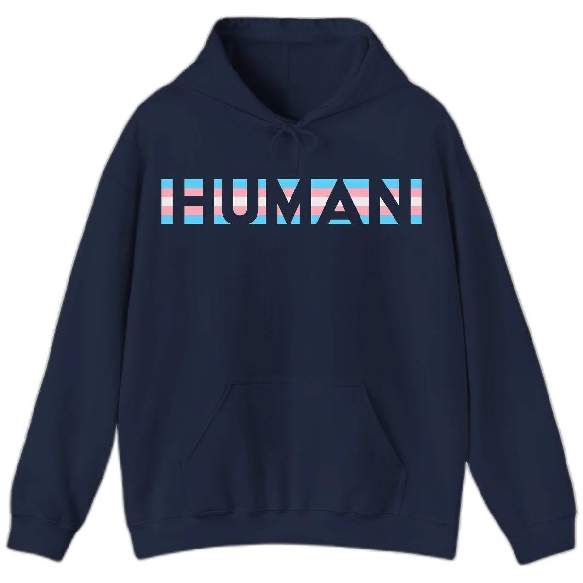 Large white letters spelling 'HUMAN' filled with horizontal blue, pink, and white stripes on gray background in Navy