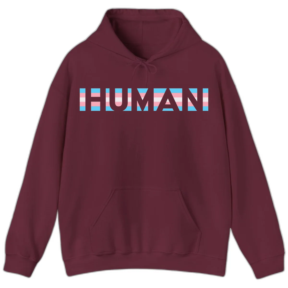 Large white letters spelling 'HUMAN' filled with horizontal blue, pink, and white stripes on gray background in Maroon