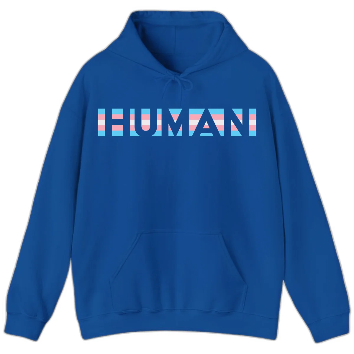 Large white letters spelling 'HUMAN' filled with horizontal blue, pink, and white stripes on gray background in Royal