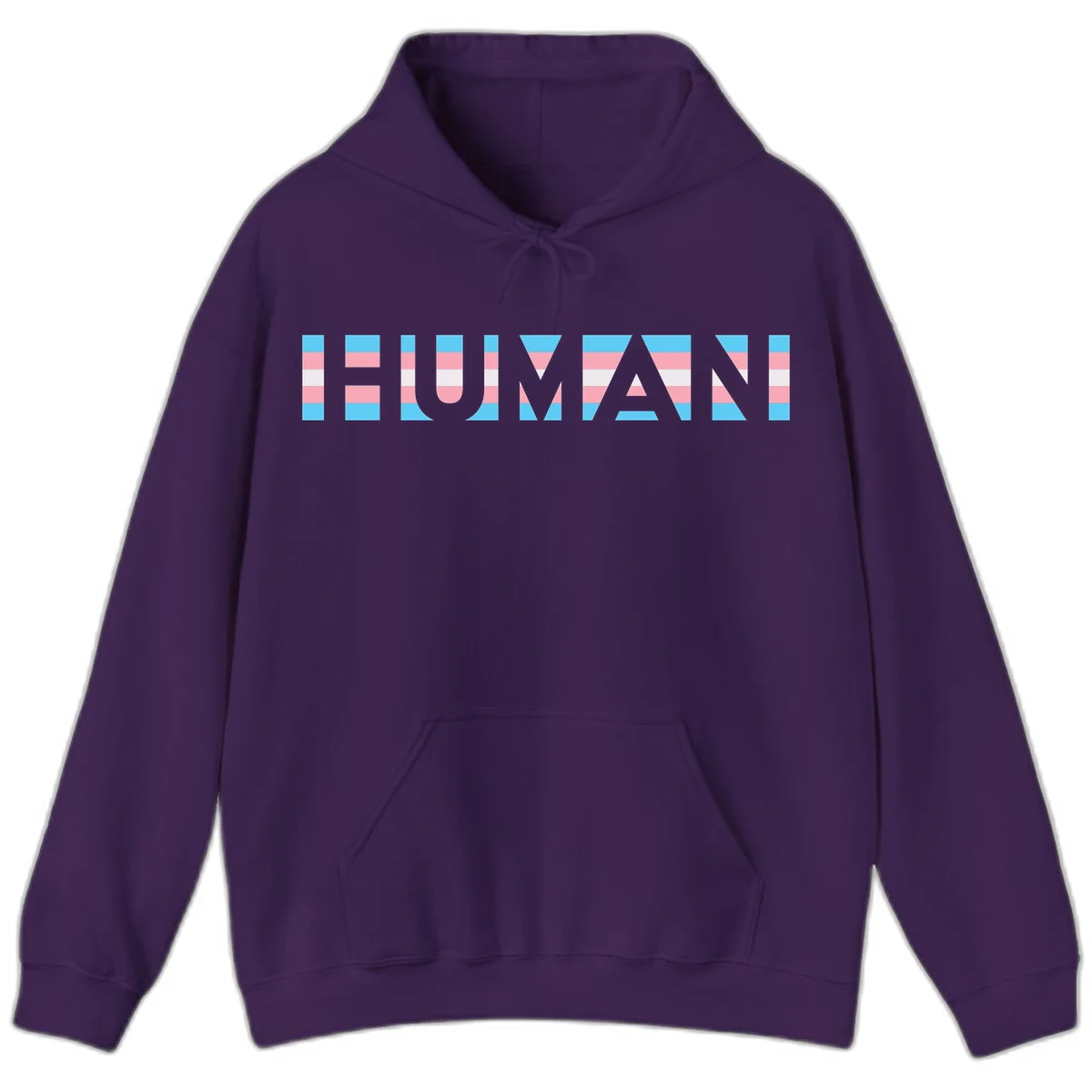 Large white letters spelling 'HUMAN' filled with horizontal blue, pink, and white stripes on gray background in Purple