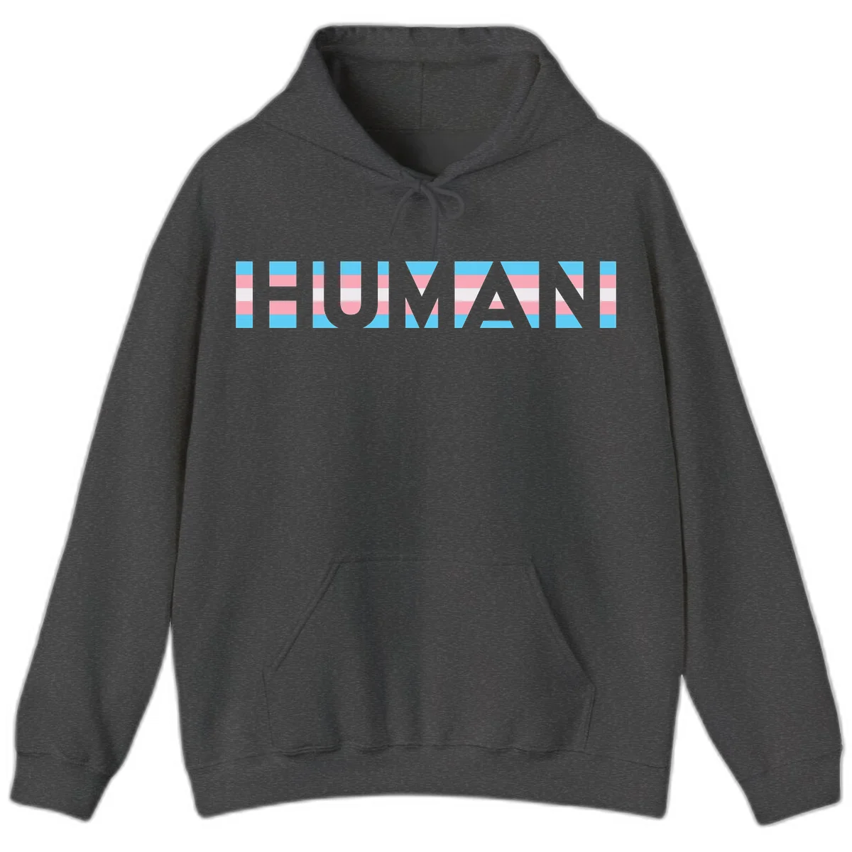 Large white letters spelling 'HUMAN' filled with horizontal blue, pink, and white stripes on gray background in Dark Heather