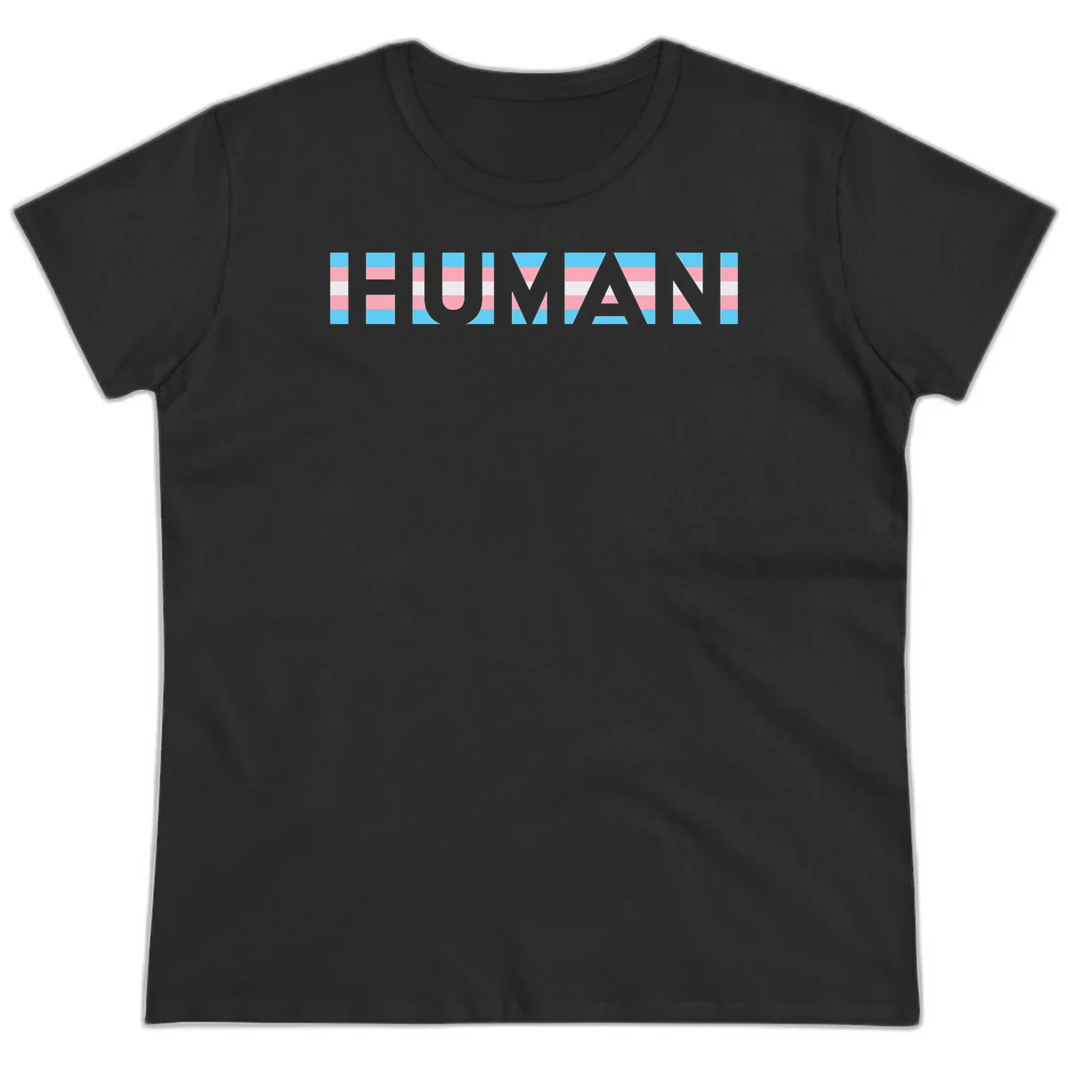 Large white letters spelling 'HUMAN' filled with horizontal blue, pink, and white stripes on gray background in Black